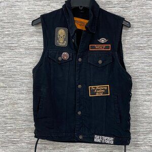 Dream Apparel Black Denim Biker Vest W/ Patches & Buttons Laced Sides Size L